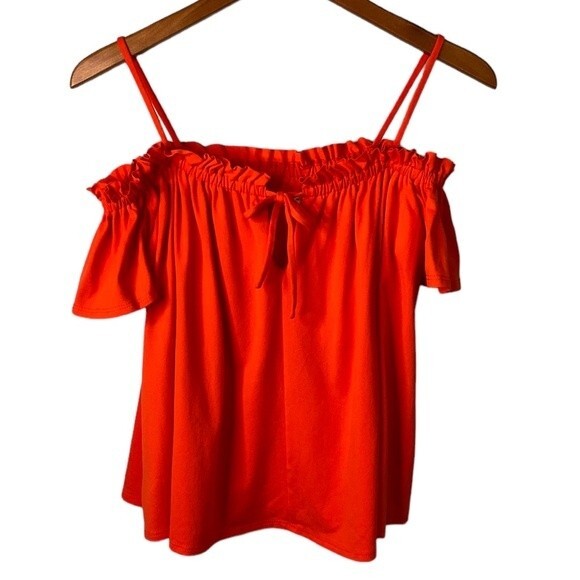 Susana Monaco Cold Shoulder Knot Front Ruffle Trim Blouse Flutter Sleeve Vibrant - Picture 2 of 11